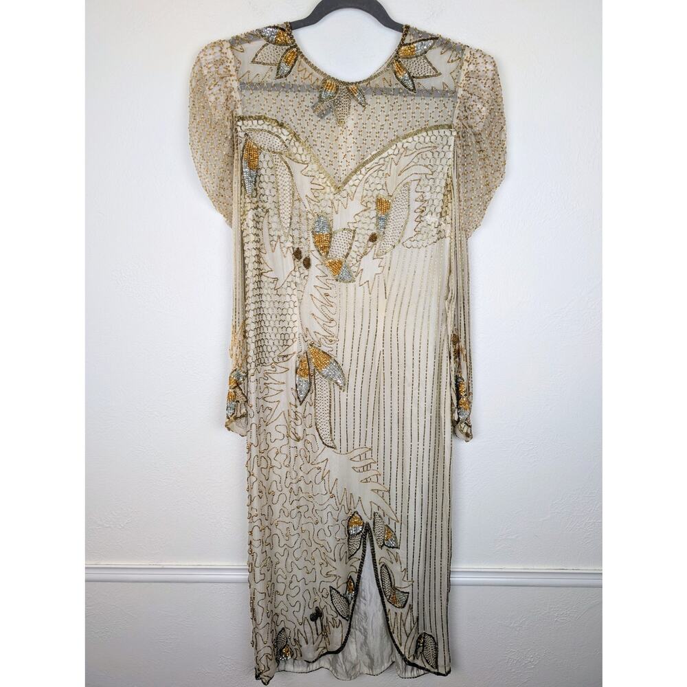Anjumun Dress Vintage Beaded Sequins Silk Evening Formal Boho Cream Gold Size XL